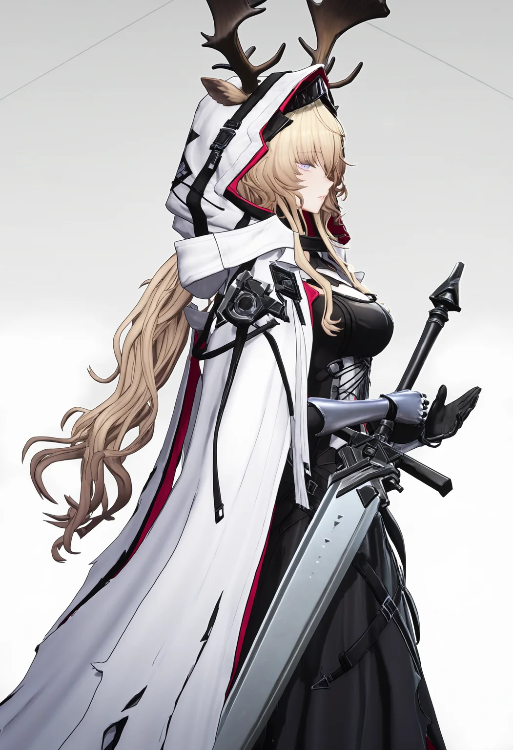 viviana (arknights),1girl, animal ears, antlers, black dress, cloak, cowboy shot, deer antlers, deer ears, dress, from side, hair through hood, holding, holding sword, holding weapon, hood, hood up, hooded cloak, horns, long hair, messy hair, parted lips, profile, purple eyes, sidelocks, simple background, solo, sword, weapon, white background, white cloak,endfieldstyle,3D,<lora:endfieldstyleV2-000008:0.85>,