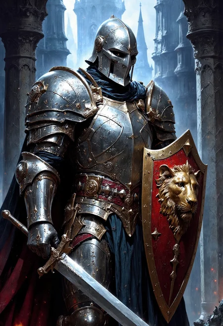 A cinematic, high-quality painting of a paladin from the Dungeons and Dragons universe, showcasing intricate and ornate armor, a gleaming sword, and an imposing shield emblazoned with a lion's head. The paladin is captured in a dramatic side-view pose, his glistening silver armor catching the light and reflecting it in a fantastical way. The background is a mix of dark and mystical elements, with a low horizon line that accentuates the paladin's heroic stature. The overall atmosphere is cinematic and evocative of grand fantasy adventures., painting, cinematic