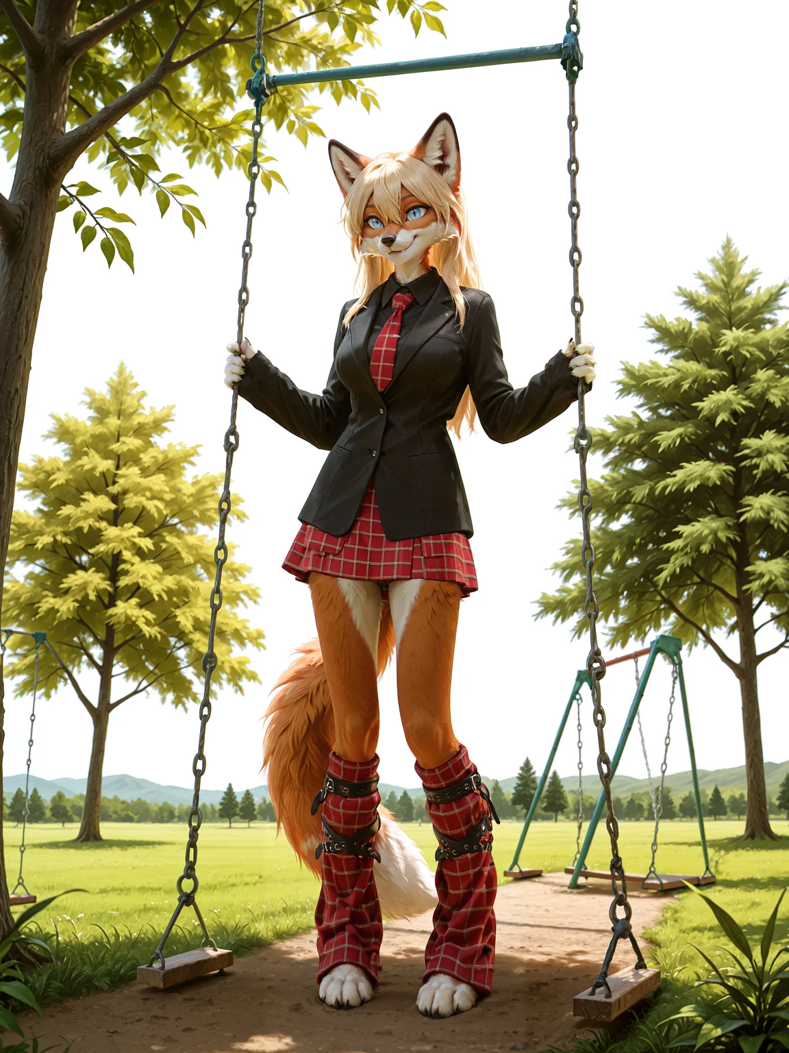lazypos, 1girl, artist:kacey:0.75, petite female anthro red fox girl, medium breasts, athletic body, narrow waist, fox girl, two-tone fur, red fur, white fur, long blonde hair, hair between eyes, blue eyes, slit pupils, fox ears, fox tail, animal nose, cute face, adorable, sexy, fur, soft fluffy fur, smile, detailed eyes, beautiful eyes, snout, whiskers, full body, from below, digitigrade, fang out, <lora:FluffyFur-illustrious:0.55>, fur, fluffy, tuft, detailed fur, body fur, swing set, on swing set, outdoors, tree, meadow, <lora:LockpanquaCollegeSGILL:0.7> plaid skirt, shirt, black shirt, leg warmers, red necktie, black jacket, collared shirt, sleeves past wrists,