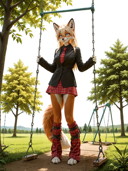 lazypos, 1girl, artist:kacey:0.75, petite female anthro red fox girl, medium breasts, athletic body, narrow waist, fox girl, two-tone fur, red fur, white fur, long blonde hair, hair between eyes, blue eyes, slit pupils, fox ears, fox tail, animal nose, cute face, adorable, sexy, fur, soft fluffy fur, smile, detailed eyes, beautiful eyes, snout, whiskers, full body, from below, digitigrade, fang out, <lora:FluffyFur-illustrious:0.55>, fur, fluffy, tuft, detailed fur, body fur, swing set, on swing set, outdoors, tree, meadow, <lora:LockpanquaCollegeSGILL:0.7> plaid skirt, shirt, black shirt, leg warmers, red necktie, black jacket, collared shirt, sleeves past wrists,