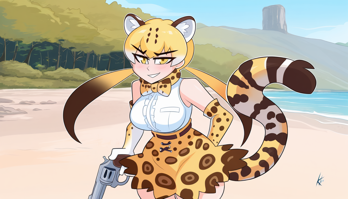 solo,1girl,mature female,mild,tall female,small breasts, 
volumetric lighting,outdoors,beach,scenery,summer,
elbow gloves, thighhighs, sleeveless shirt, print gloves, print skirt, white shirt, bowtie, bare shoulders
absurdres,ocelot \(kemono friends\), kemono friends,animal ears, extra ears, tail, cat ears, hair between eyes, yellow eyes, blonde hair, long hair, multicolored hair, brown hair, twintails, 
looking at viewer,cute,attractive,
eye contact,standing,smirk, holding revolver, smoke,
masterpiece,best quality,amazing quality,very aesthetic,newest,HDA_Masterpiece_v1.2,
<lora:Kilinah_Style_Illustrious:0.8>,kilinah,