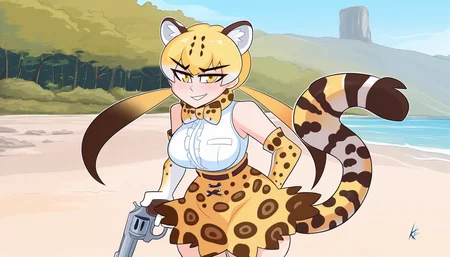 solo,1girl,mature female,mild,tall female,small breasts,
volumetric lighting,outdoors,beach,scenery,summer,
elbow gloves, thighhighs, sleeveless shirt, print gloves, print skirt, white shirt, bowtie, bare shoulders
absurdres,ocelot \(kemono friends\), kemono friends,animal ears, extra ears, tail, cat ears, hair between eyes, yellow eyes, blonde hair, long hair, multicolored hair, brown hair, twintails,
looking at viewer,cute,attractive,
eye contact,standing,smirk, holding revolver, smoke,
masterpiece,best quality,amazing quality,very aesthetic,newest,HDA_Masterpiece_v1.2,
<lora:Kilinah_Style_Illustrious:0.8>,kilinah,
