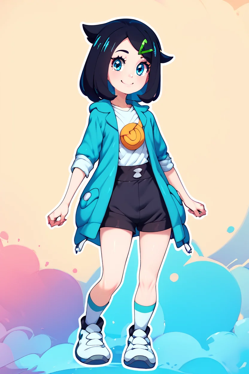 score_9, score_8_up, score_8, medium breasts, (curvy), cute, eyelashes, BREAK, , Liko, hairclip, white shirt, black shorts, blue jacket, white socks, white footwear, <lora:Liko-Idkanymore50:1.0>, , BREAK, smile, looking at viewer, abstract background, white outline, cowboy shot, embedding:zPDXL, Expressiveh, <lora:CatalystStylePDXL:0.6>, <lora:SDXLFaeTastic2400:0.5>, <lora:Expressive_H-000001:0.4>,
