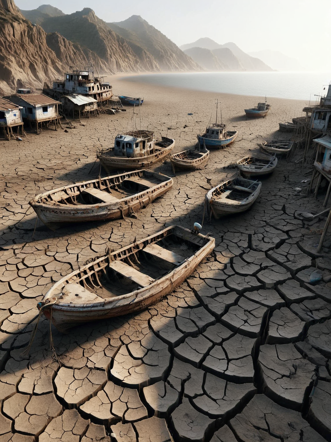 A dried-up coastal area where boats sit stranded on ais-prchd mud, once a bustling harbor <lora:ais-prchd-sdxl:1>