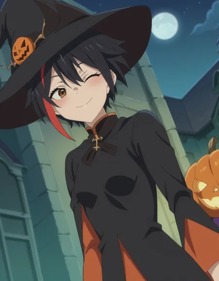 score_9, score_8_up, score_7_up, source_anime, <lora:maou2099-takahashi-s1-ponyxl-lora-nochekaiser:1>, maou2099 takahashi, short hair, black hair, brown eyes, ahoge, red hair, multicolored hair, streaked hair, mature female, small breasts, anime screencap,, <lora:witch-ponyxl-lora-nochekaiser:1>, witch, hat, witch hat, dress, halloween, halloween costume, jewelry,, night, moon, blush, smile, one eye closed,, , dutch angle, cowboy shot
