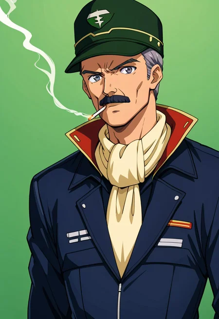 score_9, score_8_up, score_7_up, source_anime, cowboy shot, side view, BREAK, ( hardie_steiner, grey eyes, grey hair, moustache, looking at viewer, serious expression, mouth slightly open, unlit cigarette in mouth, blue zeon suit, green zeon cap, pale yellow scarf, ) 1boy, male focus, solo, BREAK, green technical background,