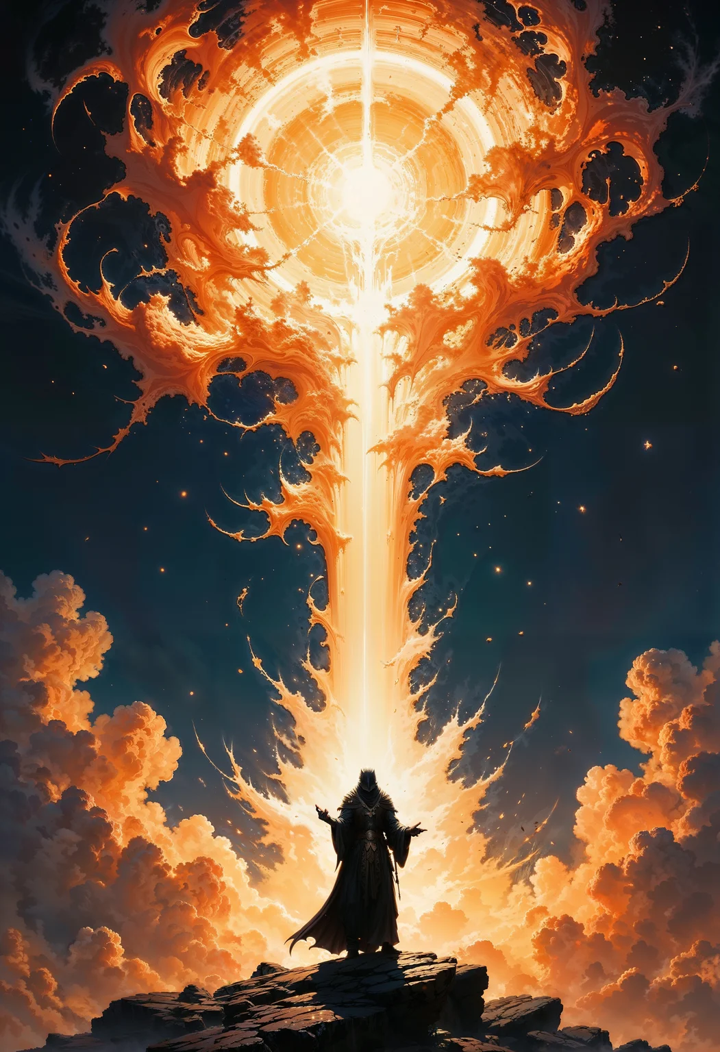 A dark sorcerer from the shadows steals a glowing orb of pure light from a celestial temple. As he touches it, a massive explosion of light and shadow tears the sky, splitting the two worlds apart. Cinematic magical explosion, intense energy clash, fantasy drama, 4K