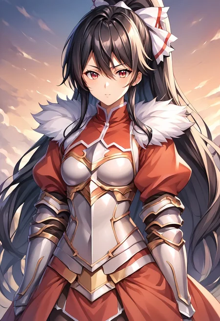 score_9, score_8_up, score_7_up, score_6_up, score_5_up, score_4_up, detailed, intricate details, source_anime, , (best quality) , (highly detailed) ,((masterpiece)), ((best quality)), (ultra-detailed), ((extremely detailed)), (high resolution), 4K, (8K), best quality, (beautiful), (dynamic lighting), (super detailed skin), sharp focus, (1_girl, solo focus), score_9,score_8_up,score_7_up,anime coloring BREAK source_anime,anime, theresia (hortensia saga), Windy, Flowing hair, Wind, Hair billowing in the Wind long hair, Very long hair, long hair, hair between eyes, black hair, red eyes, sidelocks, , ponytail, hair ribbon, white ribbon, cuirras, armored boots, fur-trimmed collar, Fur-trimmed armor, puffy sleeves, pantyhose, red capelet, fur collar, gauntlets, greaves, armored dress, turtleneck, , red skirt Face Focus, Upper Body detailed eyes、detailed face and detailed skin <lora:add-detail-xl:1.0>
Artist Style: Urushihara Satoshi