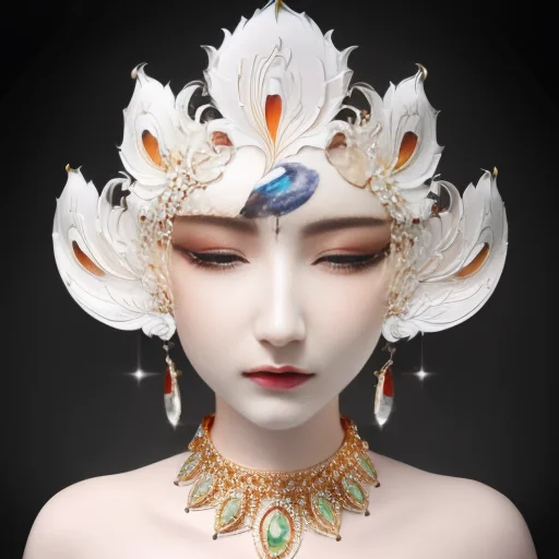 bestquality,masterpiece,highres,chinadress,hairornament,necklace,jewelry,Beautifulface,full_body,tyndalleffect,photorealistic,darkstudio,rimlighting,twotonelighting,(highdetailedskin:1.2),8kuhd,dslr,softlighting,highquality,mju, a white mask with a bird on it<lora:mju-10:1.2>