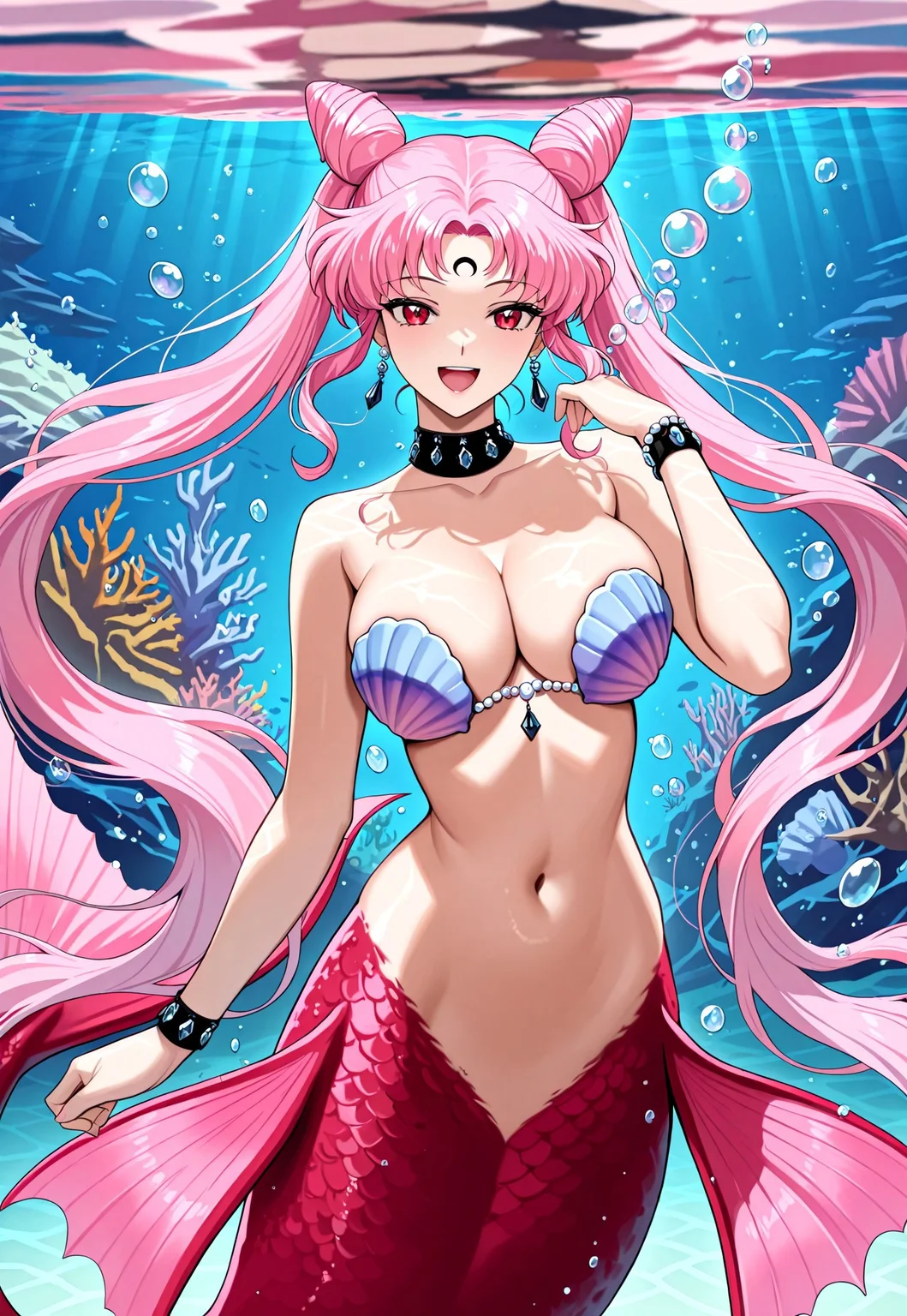 masterpiece, best quality, absurdres, very aesthetic, high score, black_lady_usa, 1girl, solo, long hair, breasts, looking at viewer, smile, open mouth, large breasts, red eyes, navel, cleavage, twintails, jewelry, very long hair, pink hair, earrings, hair bun, bracelet, double bun, facial mark, monster girl, crescent, bubble, aged up, underwater, forehead mark, cone hair bun, mermaid, shell, crescent facial mark, monsterification, shell bikini, crystal earrings