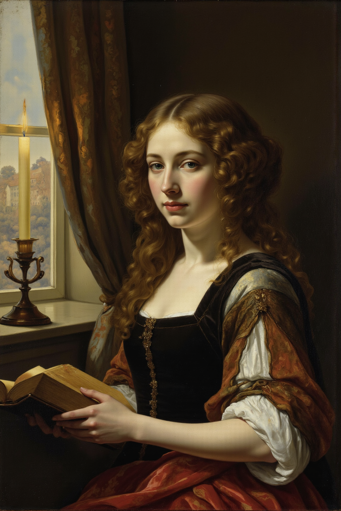 yfg-p@int, Masterpiece painting of a woman reading a book by candlelight, captured with an oil brush in a traditional studio setting. Set the lighting to soft, warm natural light streaming through a window, with hints of golden hour tones. The subject should be painted with a focus on chiaroscuro, using strong contrasts between light and dark to create depth and dimensionality. The composition should follow the principles of the rule of thirds, with the woman positioned off-center in the frame, and the book and candlelight forming a diagonal line that leads the viewer's eye. Adjust the brushstrokes to be expressive and loose in areas where the light is softest, and more deliberate and precise in areas where the shadows are deepest. Set the color palette to muted earth tones with touches of warm golden hues to evoke a sense of nostalgia and timelessness.