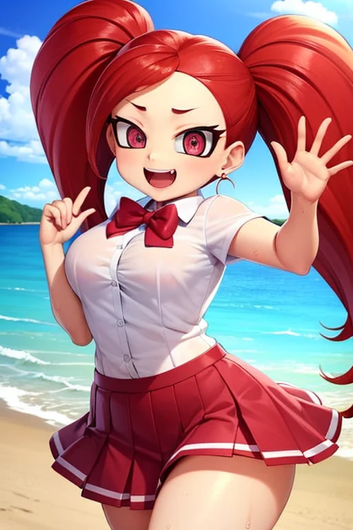ultra-detailed, masterpiece, highest quality,shiny skin,wet skin,glossy skin,(la brava:1.5),mini skirt,pleated skirt,white shirt,school uniform,twin tails,red hair pink eyes,long hair,smile,open mouth fangs,beach <lora:labrava2:1>
