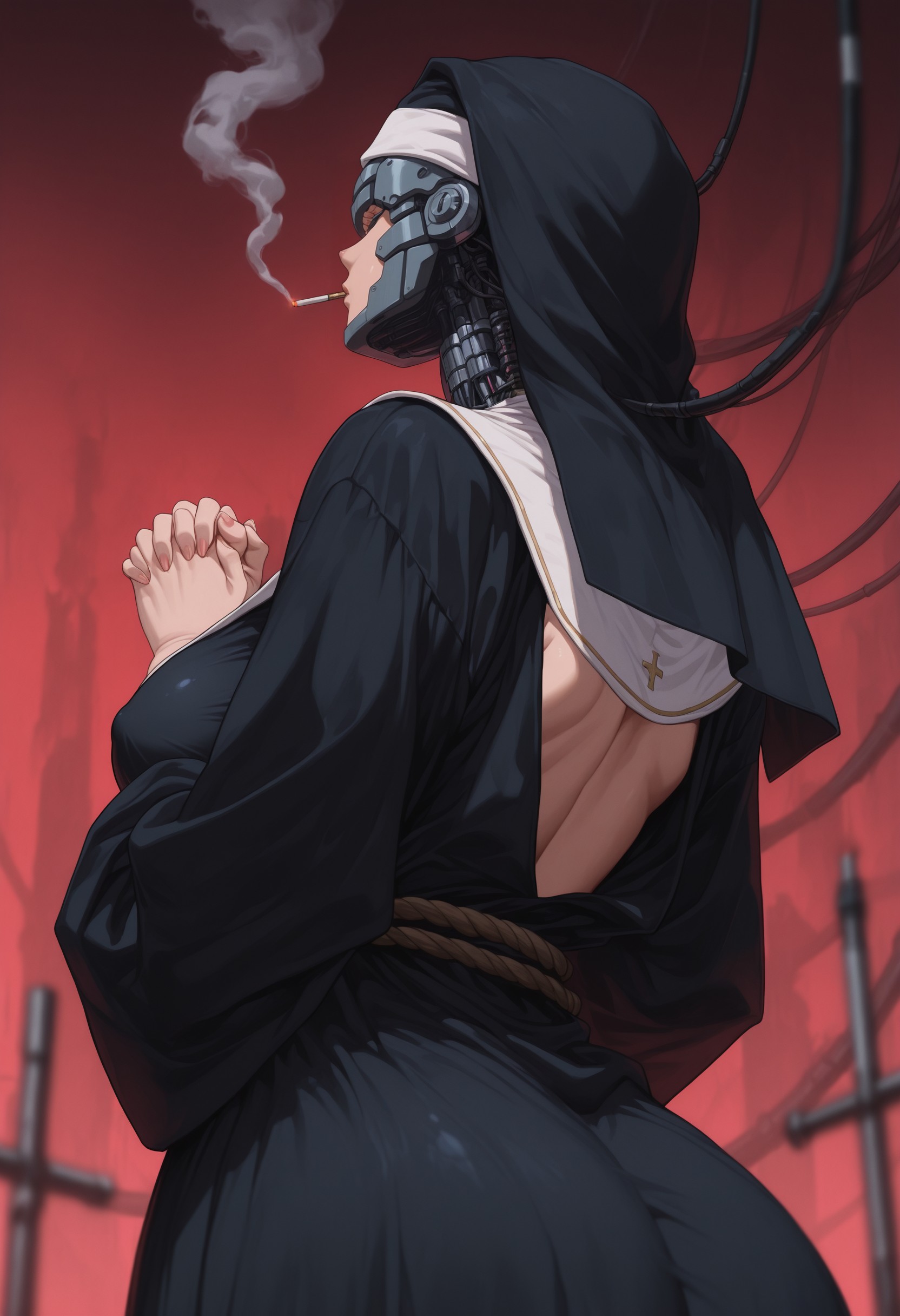 vntg2, mature female, 1girl, (solo), nun, wimpe, guimpe, nun_outfit, upper body, small breasts, pointy breasts, covered breasts, sideboob, black robes, desolation, longing, prosthetic neck, cyberpunk, rope belt, untucked clothes, long robes, bottom heavy, large hips, huge thighs, black loafers, on_knees, praying, own_hands_clasped, smoke altar, (cover), wires, cables, wires on head, (ground view), black socks, back view, from behind, (unaware), red background, smoking, simple background, blurry foreground, depth of field, anime coloring, masterpiece, best qualiy, high detail, very aesthetic, vntg2, <lora:627b9559-11aa-4715-9edc-2ebc9fd63161:0.9>