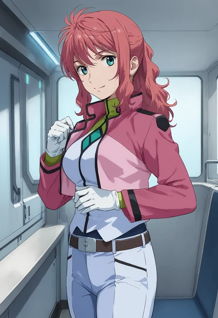 score_9, score_8_up, score_7_up, score_6_up, score_ANIME,1girl, , <lora:feldt_grace_pony:1> looking at viewer, cowboy shot, feldtgrace, feldts2, solo, 1girl,ponytail, , belt, pink hair, cropped jacket, white gloves, pants, green eyes, military uniform, standing, looking at viewer, smile, large breasts, medium hair,