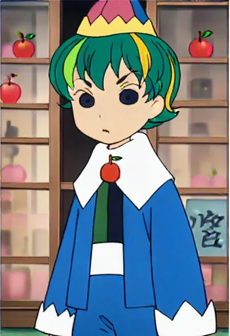 hat, green hair, multicolored hair, long sleeves, short hair, cherry, fruit, 1girl, blonde hair, black eyes,,,,,,,,,,, ,,,,,anime coloring,anime screencap, 1girl,Solo ,, anime,,,,official art, Uncensored ,Unedited ,,,,, ,,,,,,