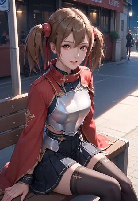 score_9, score_8_up, score_7_up, 1girl, silica, solo, skirt, brown hair, open mouth, red eyes, thighhighs, breastplate, twintails, white background, black skirt, pleated skirt, armor, smile, ribbon, skirt, thighhighs, breastplate, black skirt, pleated skirt, armor,, black thighhighs, rminiskirt, bus stop, public place nighttime vibrant lighting, street lights, high contrast, dramatic shadows, highly detailed, detailed skin, depth of field, tilted angle, moody lighting, exy pose,professional lighting, perfect quality, high quality, photorealistic, sitting, (((supermodel))),((goddess))