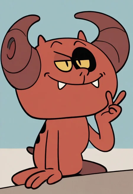(score_9 | score_8_up | score_7_up) ((masterpiece:1))(best quality,very high quality,ultra detailed:1.2) (2D,cartoon style,anime style)(Smooth:2)(clean blurring) (four fingers on each hand,one thumb on each hand:1), charles, dog, all fours, black spot on left eye, impish, demon, red skin, small pointed nose, pointed tail, yellow eyes, slit pupils, two small horns, two large curved horns on sides of her head, pair of deformed fangs, smug, full body