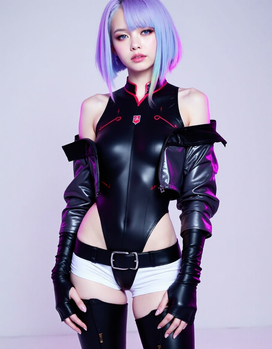 a beautiful female <lora:lucycyberpunkedgerunners:1>,light purple and blue hair multicoloured streak in a choppy asymmetrical bob, slim body, medium breasts, wearing a black tight fitting bodysuit, white shorts, a wide black belt, cropped off the shoulder jacket in a dark metallic colour, tall black boots with chunky soles, metallic accents and sheen on jacket and boots, cyberpunk, cyberpunk edgerunners, emphasizing her sleek presence. The background allows the viewer to focus on her eye-catching fashion and makeup. Captured with a Sony A7R IV camera and a 50mm f/1.2 G Master lens for a beauty editorial shoot, this composition highlights her fashion-forward aesthetic. Inspired by avant-garde fashion photography from Sølve Sundsbø, this image blends contemporary fashion and minimalist elegance, high-fashion vision.