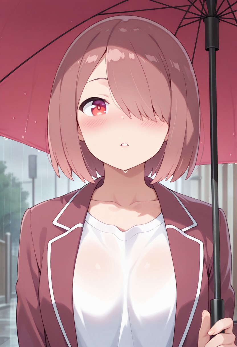 masterpiece,best quality,amazing quality, hoshino miyako, short hair, brown hair, red eyes, 1girl, hair over one eye, solo, umbrella, blush, shirt, jacket, upper body, looking at viewer, white shirt, collarbone, parted lips
