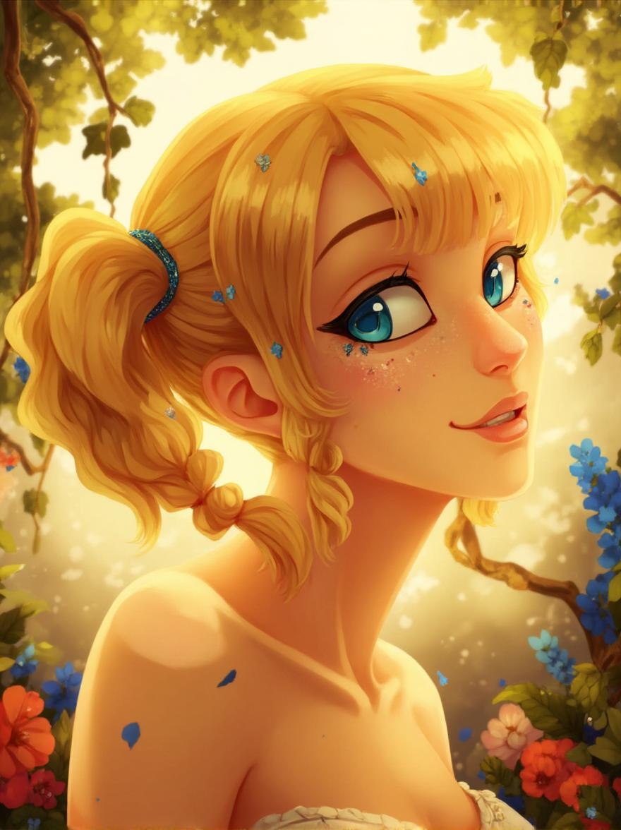 <lora:ck-LttleGhost-000011.safetensors:1> in the style of ck-lttlegh0stHere is the rewritten description:
The blonde-haired woman's bright blue eyes sparkle with mirth, her features relaxed into a gentle, whimsical smile as she purses her lips and tilts her head slightly to one side. Her short, wavy pigtails are adorned with tiny, shimmering clips that catch the soft light, adding an air of playfulness to her overall demeanor. The delicate freckles scattered across her cheeks and nose add a touch of vulnerability to her otherwise radiant appearance.
The tone of this image is entirely carefree, as if she's just stepped out of a sun-drenched meadow on a warm summer afternoon. Her skin glows with a soft, golden undertone, as if kissed by the gentle warmth of a sunbeam. The overall atmosphere is one of joyful abandon, as if she's been caught in the act of laughing or dancing.
The light in this scene is soft and warm, casting no shadows to speak of. Instead, it bathes everything in a gentle, comforting glow that makes you want to bask in its warmth. The background is a blurred haze of colorful flowers and vines, adding an air of whimsy and fantasy to the overall setting.
SUCCINCT>
A bright-eyed blonde woman with light skin and short wavy pigtails adorns shimmering clips, her playful expression and joyful demeanor radiating carefree abandon in a soft, warm light amidst a blurred background of colorful flowers and vines.