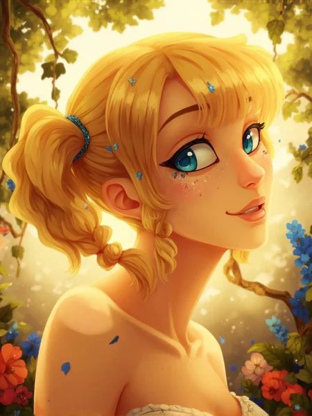 <lora:ck-LttleGhost-000011.safetensors:1> in the style of ck-lttlegh0stHere is the rewritten description:
The blonde-haired woman's bright blue eyes sparkle with mirth, her features relaxed into a gentle, whimsical smile as she purses her lips and tilts her head slightly to one side. Her short, wavy pigtails are adorned with tiny, shimmering clips that catch the soft light, adding an air of playfulness to her overall demeanor. The delicate freckles scattered across her cheeks and nose add a touch of vulnerability to her otherwise radiant appearance.
The tone of this image is entirely carefree, as if she's just stepped out of a sun-drenched meadow on a warm summer afternoon. Her skin glows with a soft, golden undertone, as if kissed by the gentle warmth of a sunbeam. The overall atmosphere is one of joyful abandon, as if she's been caught in the act of laughing or dancing.
The light in this scene is soft and warm, casting no shadows to speak of. Instead, it bathes everything in a gentle, comforting glow that makes you want to bask in its warmth. The background is a blurred haze of colorful flowers and vines, adding an air of whimsy and fantasy to the overall setting.
SUCCINCT>
A bright-eyed blonde woman with light skin and short wavy pigtails adorns shimmering clips, her playful expression and joyful demeanor radiating carefree abandon in a soft, warm light amidst a blurred background of colorful flowers and vines.