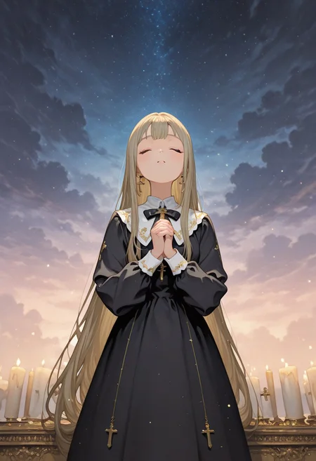 <lora:bW9tb3dhYWFp-illustriousXL_v01_V1-CAME:0.9>
bW9t pastel colors oil paint fantasy, scenery, night starry sky, star \(symbol\), light particles, cloudy sky, gold decoration jewelry
1girl, black dress, bow, candle, closed eyes, cross, dress, earrings, jewelry, long hair, long sleeves, own hands clasped, own hands together, solo, very long hair <lora:DetailerILv2:1>
