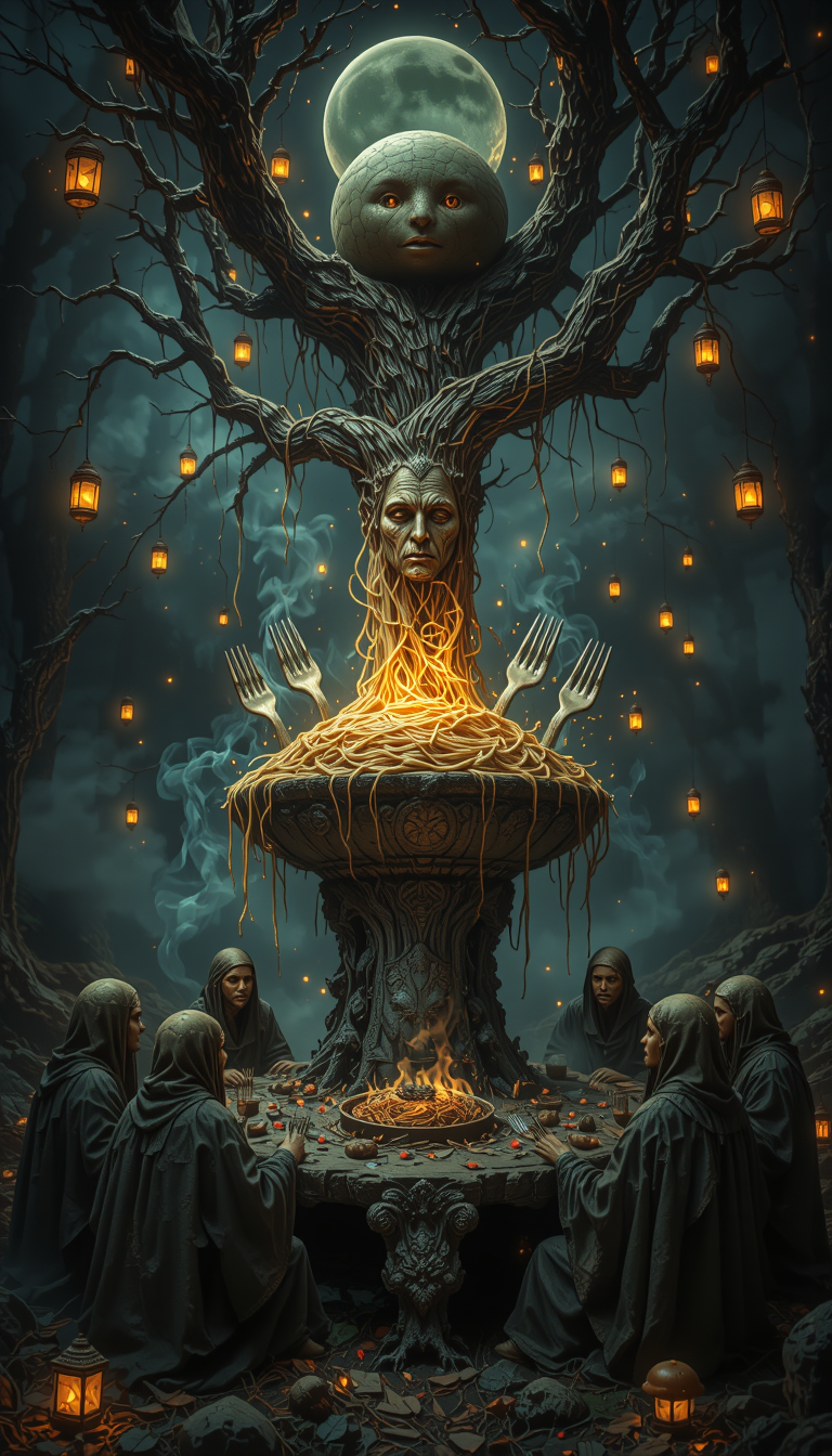 Vertical 9:16 composition, hyper-detailed and cinematic. A bizarre and surreal scene of a council meeting between sentient forks, seated around a giant floating bowl of glowing spaghetti hovering above an ancient stone altar in the middle of a foggy forest. The forks wear tiny robes and have serious expressions etched into their polished metal faces. Magical steam rises from the spaghetti, forming strange symbols and animals in the air. Mushrooms with glowing eyes grow at the base of the altar, and the forest around them is dimly lit by floating lanterns hanging from invisible threads. In the background, a tree with a single giant meatball growing from its branches looms like a guardian. The sky above is a swirl of stars and noodles, with a crescent moon shaped like a ravioli. The atmosphere is both majestic and absurd â like a fantasy epic directed by someone who completely lost their mind at dinner. High realism with a surreal, dreamlike tone. No text, no logos, pure visual chaos and storytelling.
aidmaimageupgrader,aR3alism, OBxiaoxiang.