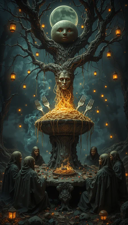Vertical 9:16 composition, hyper-detailed and cinematic. A bizarre and surreal scene of a council meeting between sentient forks, seated around a giant floating bowl of glowing spaghetti hovering above an ancient stone altar in the middle of a foggy forest. The forks wear tiny robes and have serious expressions etched into their polished metal faces. Magical steam rises from the spaghetti, forming strange symbols and animals in the air. Mushrooms with glowing eyes grow at the base of the altar, and the forest around them is dimly lit by floating lanterns hanging from invisible threads. In the background, a tree with a single giant meatball growing from its branches looms like a guardian. The sky above is a swirl of stars and noodles, with a crescent moon shaped like a ravioli. The atmosphere is both majestic and absurd â like a fantasy epic directed by someone who completely lost their mind at dinner. High realism with a surreal, dreamlike tone. No text, no logos, pure visual chaos and storytelling.
aidmaimageupgrader,aR3alism, OBxiaoxiang.