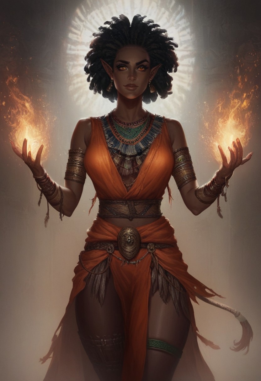 score_9, score_8_up, score_7_up, BREAK, 1girl, cowboy-shot, ((beautiful, elf, dark skin, african woman, (Ebony african woman:1.8) black woman, ebony, ebony skin, ebony woman, orange eyes, (negroid face features:1.2), mage, sorceress, wizard, fire mage, fire, fire magic, orange robe, orange toga, fantasy toga, (black hair:1.8), short hair, tribal, tribal tatoo, medium brests, dramatic lights)
