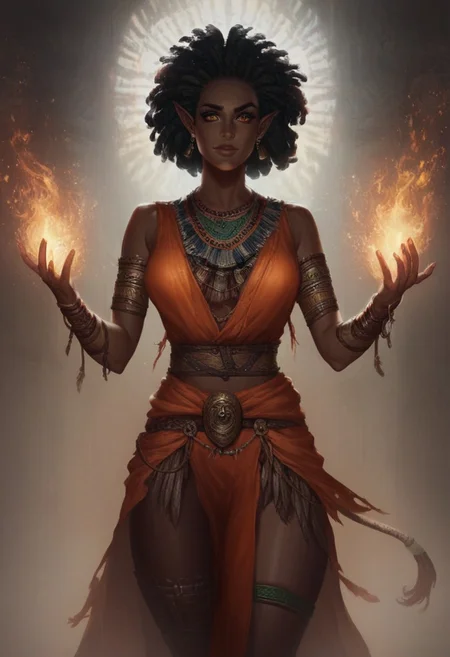 score_9, score_8_up, score_7_up, BREAK, 1girl, cowboy-shot, ((beautiful, elf, dark skin, african woman, (Ebony african woman:1.8) black woman, ebony, ebony skin, ebony woman, orange eyes, (negroid face features:1.2), mage, sorceress, wizard, fire mage, fire, fire magic, orange robe, orange toga, fantasy toga, (black hair:1.8), short hair, tribal, tribal tatoo, medium brests, dramatic lights)
