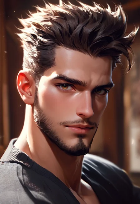 score_9,score_8_up,score_7_up, handsome 35 yo man with beard posing, barber shop, hyperdetailed photography, headshot, spiky hair, looking at viewer