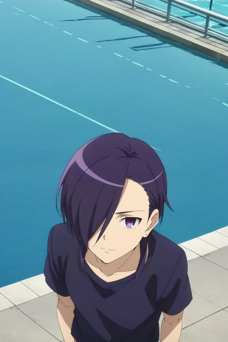 score_9, score_8_up, score_7_up, source_anime, rating_safe, intricate details, anime screencap, anime coloring, official style, , , 1boy, solo, male focus, <lora:hanzou_urushihara_pony:0.92>, hanzou_urushihara, purple hair, purple eyes, hair over one eye, long hair, , from above, lake city, day, sunny, jumping, smile, , <lora:sdxl_lightning_8step_lora:1>