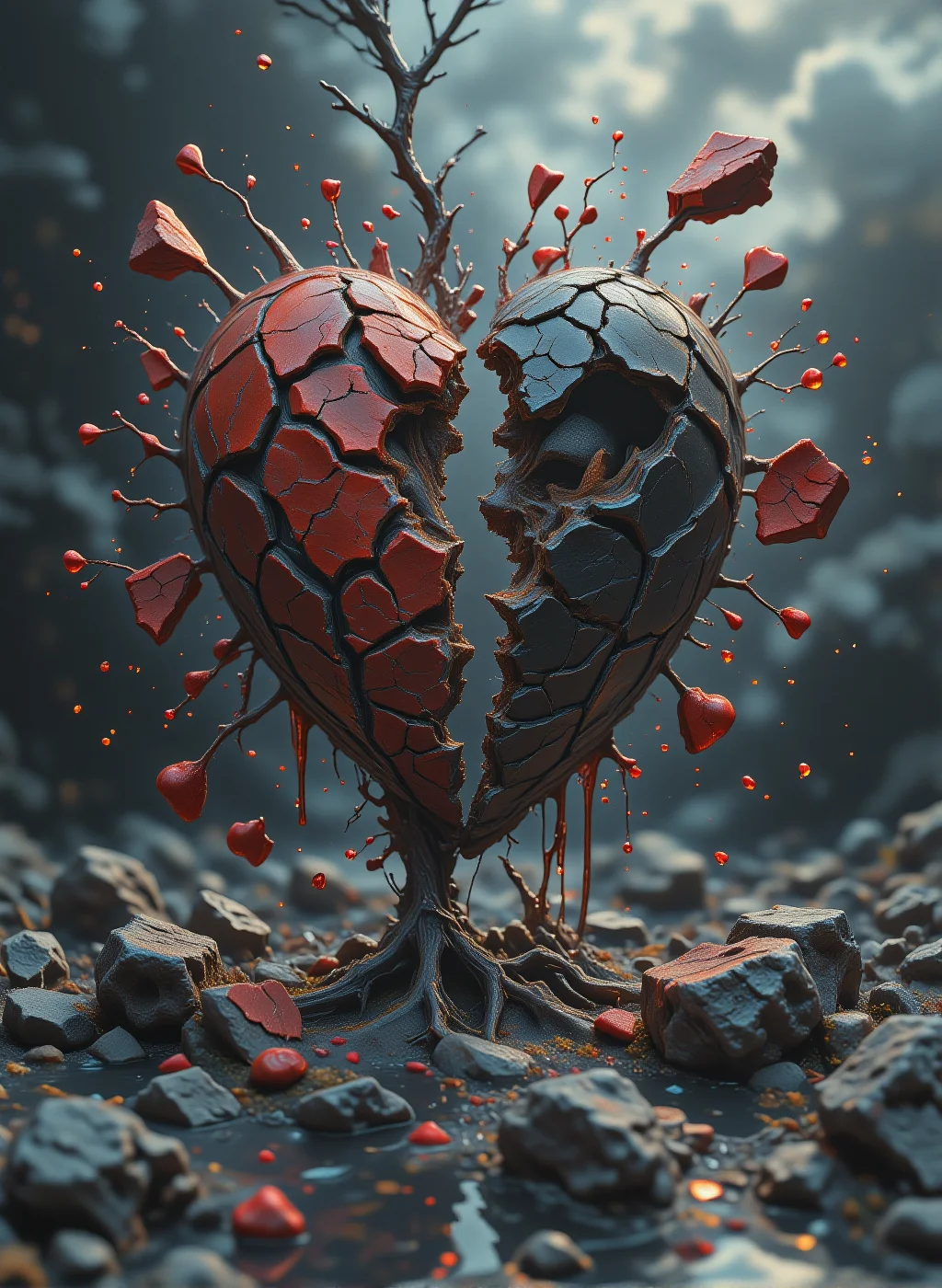 artwork featuring a broken heart motif. The heart is depicted as a shattered, jagged shape, with deep cracks running through it. The heart is divided into two distinct colors: the left side is a deep, rich red, while the right side is a dark, almost black hue. The cracks are sharp and jagged, with pieces of the heart flying off in different directions, creating a sense of chaos and despair. The background is a gradient of dark gray to light gray, adding a sense of depth and shadow to the scene. The cracks and pieces of the heart are reflected on the smooth, reflective surface below, adding a mirror-like effect that enhances the brokenness and sadness of the image. The overall style is realistic, with a focus on the textures and details of the broken heart, creating a visually striking and emotionally charged image.,aidmaimageupgrader,aidmamj6.1,best_of