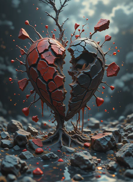 artwork featuring a broken heart motif. The heart is depicted as a shattered, jagged shape, with deep cracks running through it. The heart is divided into two distinct colors: the left side is a deep, rich red, while the right side is a dark, almost black hue. The cracks are sharp and jagged, with pieces of the heart flying off in different directions, creating a sense of chaos and despair. The background is a gradient of dark gray to light gray, adding a sense of depth and shadow to the scene. The cracks and pieces of the heart are reflected on the smooth, reflective surface below, adding a mirror-like effect that enhances the brokenness and sadness of the image. The overall style is realistic, with a focus on the textures and details of the broken heart, creating a visually striking and emotionally charged image.,aidmaimageupgrader,aidmamj6.1,best_of