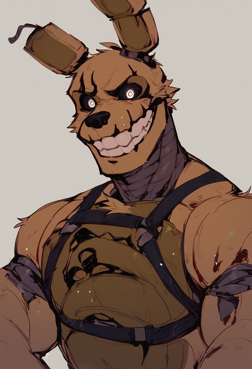 score_9, score_8_up, score_7_up, score_6_up, cinematic photo, ((springtrap)), upper body, muscular, heavy pectorals, male focus, grin, solo, chest harness, (animatronic), black sclera, white eyes, solo