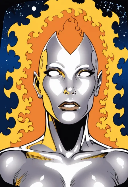 Joe Madureira Style, , 1girl,Frankie Raye, long fiery hair, blank eyes, white eyes, silver skin, shiny skin, score_9, score_8_up, score_8,at night, stars, dynamic view, detailed, upper body, gesturing with hands, breasts, looking at viewer,