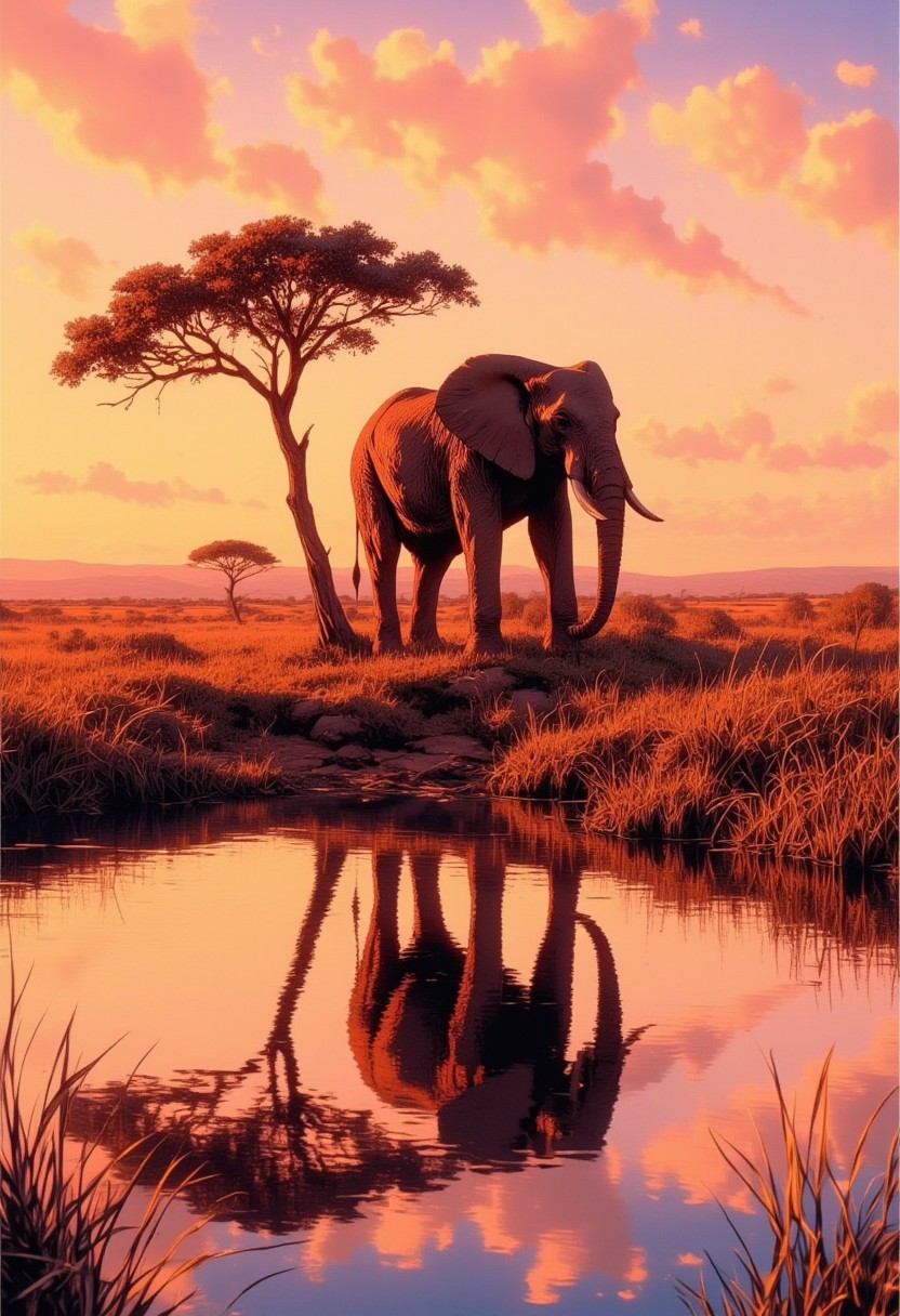 An elephant standing by a body of water in the savannah during sunset. The warm orange-pink hues of the sky are reflected in the water, creating a calm and peaceful atmosphere. The elephant stands majestically on the shore, its reflection clearly visible on the surface of the water. A lonely tree can be seen in the background
