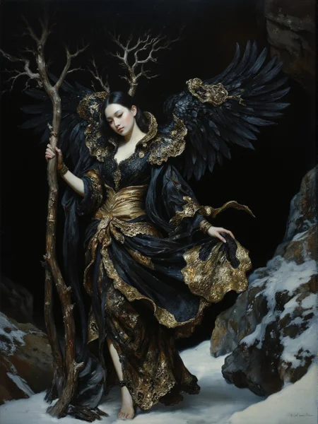 Color Field Painting <lora:AS_3:0.6>, low-angle view, Taiwanese, water theme, white-toned photo of an abyssal mature rococo clothed feathered weeping wood elemental walking in a dark pristine Cave, intricate black and gold and brass filigree details, magical, frozen, billowing dark glitter, very detailed,  The background is a dark  textured glass. <lora:flux.1_lora_flyway_Epic-detail_v2:0.55> <lora:flux_realism_lora:0.35> <lora:Midjourney_Whisper_Chromaplex_Velvet_Myst_v01:0.25>