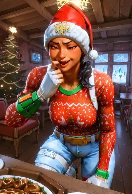 IllustriousQual <lora:StS-Illustrious-Detail-Slider-v1.0:2> <lora:cfg_scale_boost:0.3> detailed_background, dining room, <lora:Nog_Ops_IL_V1:1> NogOpsIL, santa hat, black hair, braid, brown eyes, dark skin, fingerless gloves, sweater, christmas sweater, red clothing, white clothing, snowflake print, belt, denim, thigh strap, knee guard, boots, 69, (sneering:1.2)