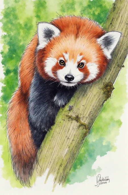 Sharp image of a rough sketch, rendered in vibrant multi colour ballpoint pen, capturing the adorable features of a close-up of a red panda resting on a tree branch. The panda is looking directly at the camera with its head slightly tilted to the side. Its fur is a reddish-brown color with white patches on its face and ears. Its eyes are dark and alert, and its nose is small and black. The background is blurred, but it appears to be a forest or wooded area with green foliage. The tree branch is covered in moss and there is a small pile of leaves on the right side of the image.  p3nsk, <lora:p3nsk:1>