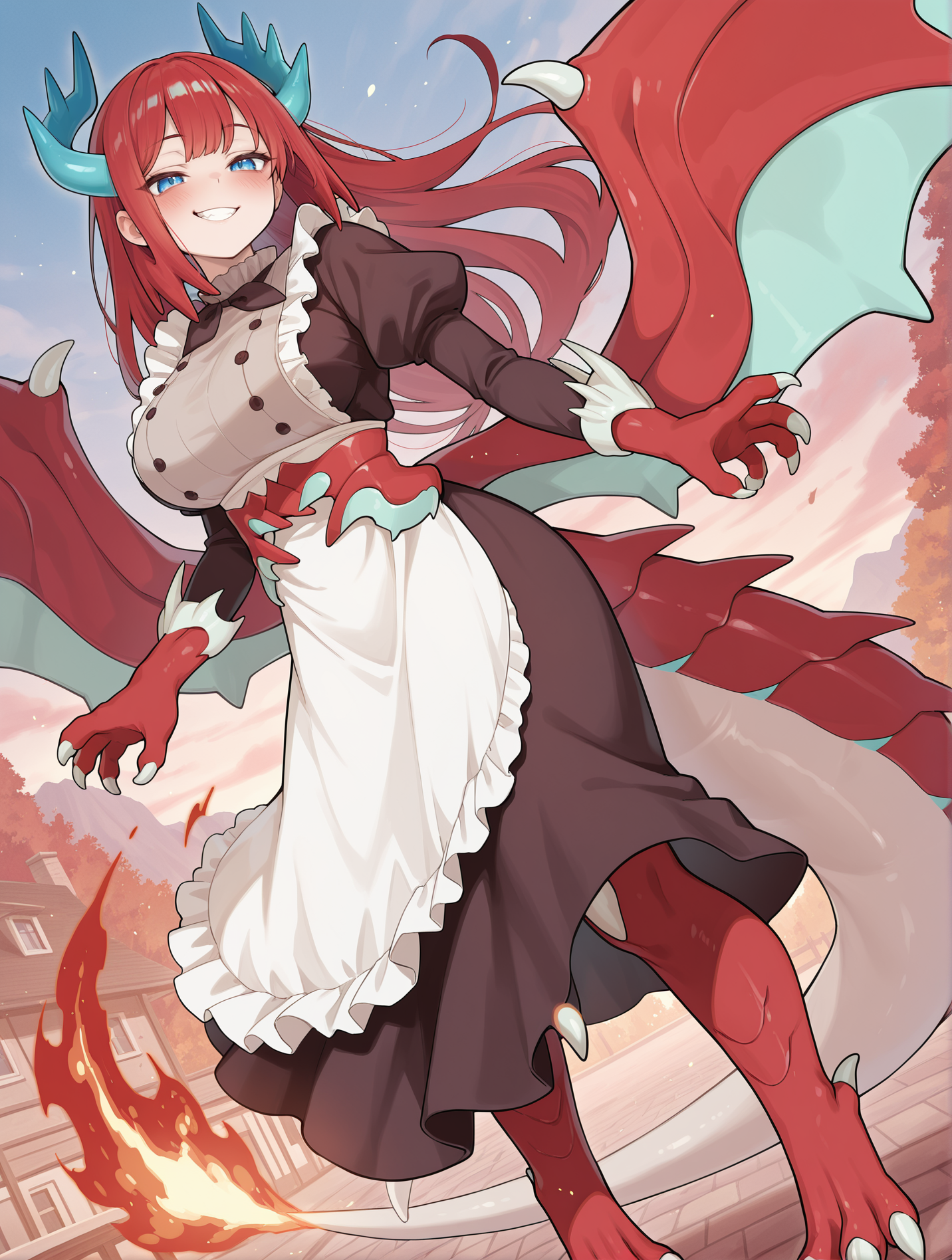 transformation,kitchen dragonmaid,dragon hands,dragon feet,solo,1girl,fire,blush,outdoors,smile,closed mouth,large breasts,red dragon wings,brown maid clothes,dutch angle,teeth,smug,
masterpiece,best quality,amazing quality,very aesthetic,absurdres,newest,<lora:kitchen dragonmaid illuXL v1.1:0.72>,