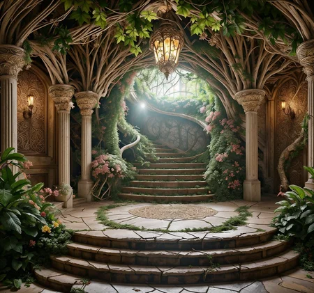 RAW photo, (masterpiece:1.3), subsurface scattering, heavy shadow, (high quality:1.4), (intricate, high detail:1.2), professional photography, HDR, High Dynamic Range, realistic, ultra realistic, photorealistic, high resolution, film photography, ambient lighting, atmospheric effects, <lora:detail_slider_v4:2>, OverallDetail, <lora:ElvenInterior:1>, chair, day, elfint, flower, indoors, lamp, nature, no humans, outdoors, overgrown, pillar, plant, scenery, stairs, sunlight, tree, vines