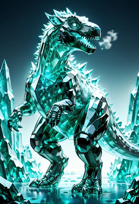 masterpiece, best quality, no humans,   ,<lora:CrystalKingDino_IXL:0.8>,  zzCrystalKing, translucent blue crystal, frost-covered spikes, frozen breath, piercing gaze, ice cavern, glacial landscape, walking pose, side view, soft cold lighting, still and regal atmosphere â Inside a towering ice cavern, the zzCrystalKing moves with silent majesty. Its body, forged from frozen blue crystal, refracts the pale light through jagged facets. Each step leaves a trail of brittle frost, its breath forming clouds of diamond dust. Snowdrifts line its back like armor, and frost blooms across the cave walls in its wake. With every motion, the creature embodies ancient patienceâlike a god of winter emerging from hibernation.