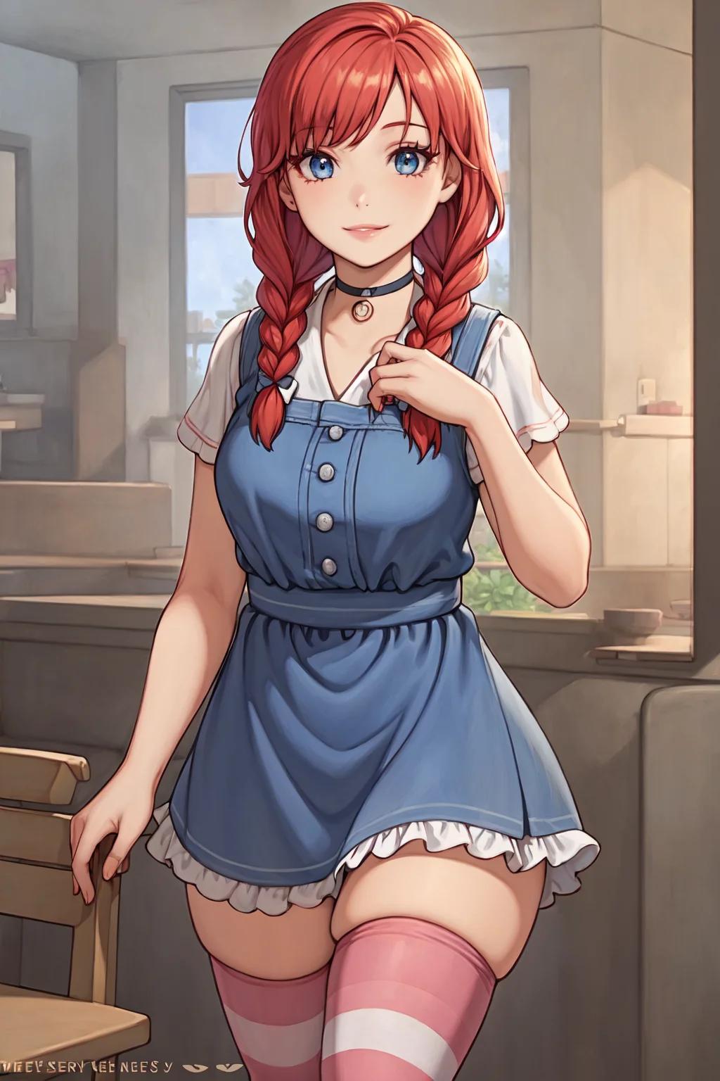 best quality, masterpiece, detailed background, highly detailed, intricate, detailed face, long eyelashes, detailed eyes, (standing:1.1), (thick thighs:1.0), (medium breasts:1.1), (restaurant:1.3),
(one girl, 1girl:1.1), (solo:1.3), (wendy \(wendy's\):1.3), (light blue eyes:1.1), (red hair:1.1), (swept bangs:1.2), (twin braids:1.1), (blue hair bow:1.1), (thick lips:1.3), (choker:1.1), (pale skin:1.0),
(blue striped dress, frilled dress:1.2), (red striped thighhighs:1.2),
(light smile:1.3), <lora:ChelodoyStyle-V1R1-Fixed-8:1>