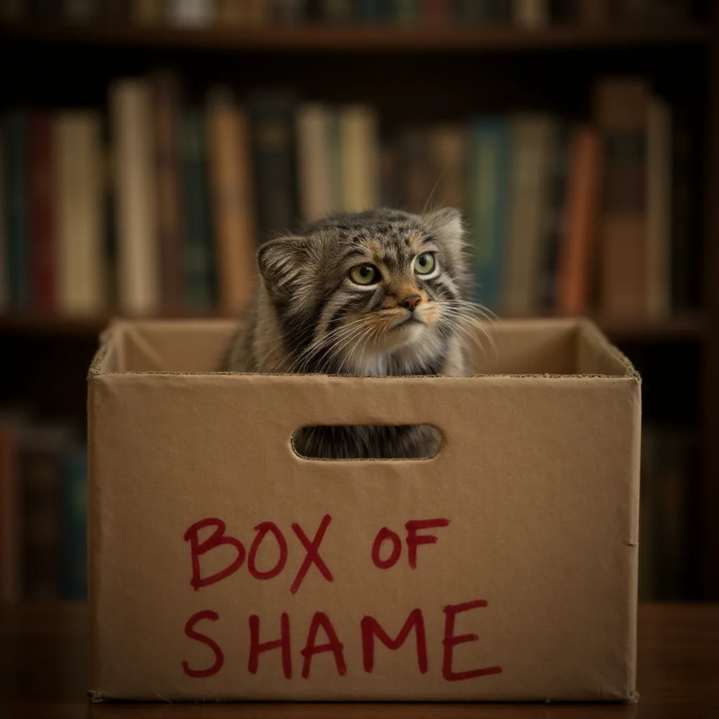cinematic film still a pallas cat peeking out from inside the handles of a closed cardboard box, on the outside it says BOX OF SHAME in red marker haphazardly on the box. In the background is a warm study with books in bokeh <lora:Animal_soph-PallasCat-FLUX:1> . shallow depth of field, vignette, highly detailed, high budget, bokeh, cinemascope, moody, epic, gorgeous, film grain, grainy