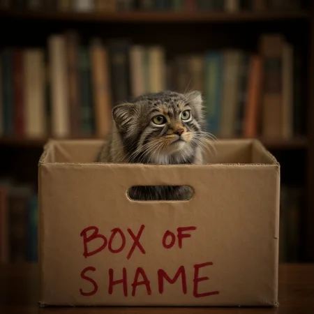 cinematic film still a pallas cat peeking out from inside the handles of a closed cardboard box, on the outside it says BOX OF SHAME in red marker haphazardly on the box. In the background is a warm study with books in bokeh <lora:Animal_soph-PallasCat-FLUX:1> . shallow depth of field, vignette, highly detailed, high budget, bokeh, cinemascope, moody, epic, gorgeous, film grain, grainy