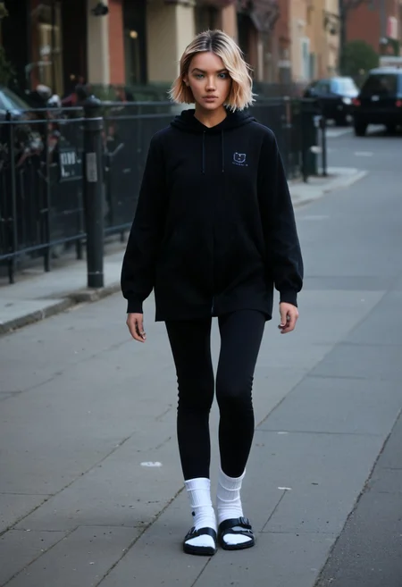 scksnsndls, birksonsocks, gwen_stacy, solo, outdoor, city, standing, socks, full_body, realistic, dunamic_pose, walking