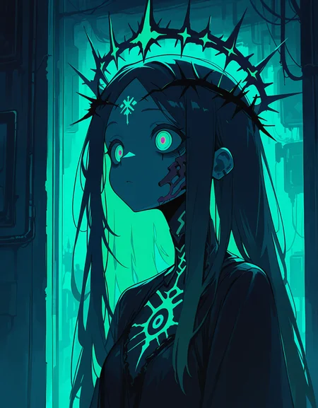 masterpiece, best quality, newest, highres, absurdres, <lora:LeIsT0_style:1>,LeIsT0_illu,Dark fantasy portrait, neon green crown of thorns, glowing green highlights, deep blue shadows, cyberpunk aesthetic, ethereal figure, long flowing hair, mysterious eyes, gothic style, digital art, vibrant contrasts, otherworldly atmosphere, surreal lighting, melancholic mood, intricate details, haunting beauty, dystopian elements, futuristic royalty, electric color palette, high contrast