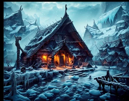 RAW photo, (masterpiece:1.3), subsurface scattering, heavy shadow, (high quality:1.4), (intricate, high detail:1.2), professional photography, HDR, High Dynamic Range, realistic, ultra realistic, photorealistic, high resolution, film photography, ambient lighting, atmospheric effects, <lora:detail_slider_v4:2>, OverallDetail, Ice, <lora:RealmsOfIce:0.8>, a small viking village with a harbor, frozen lake, vivi, <lora:VikingVillage-10:1>, epiCPhoto