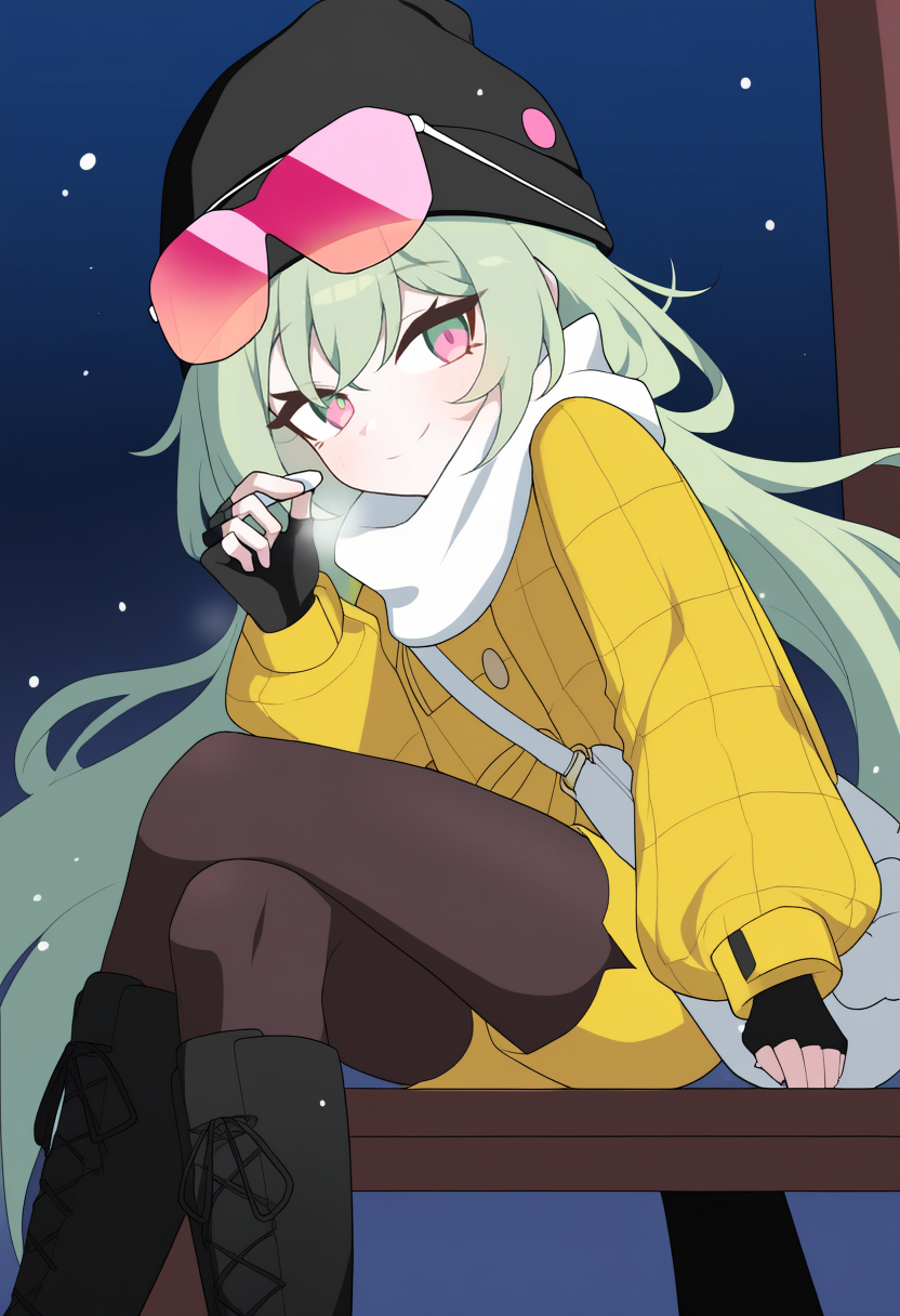 masterpiece, best quality, 1girl, 
pink-tinted eyewear, long sleeves, eyewear on headwear, beanie, bag, tinted eyewear, boots, very long hair, holding, hat, sunglasses, white scarf, black pantyhose, long hair, shorts, black footwear, scarf, crossed legs, yellow shorts, winter clothes, fingerless gloves, black headwear, pink eyes, looking at another, handbag, black gloves, gloves, pantyhose, sitting, green eyes, smile, green hair, on bench
 <lora:hagoonha:1>